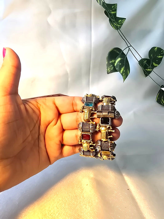 Handcrafted Oxidized Silver Stone Bangles ( In pair )