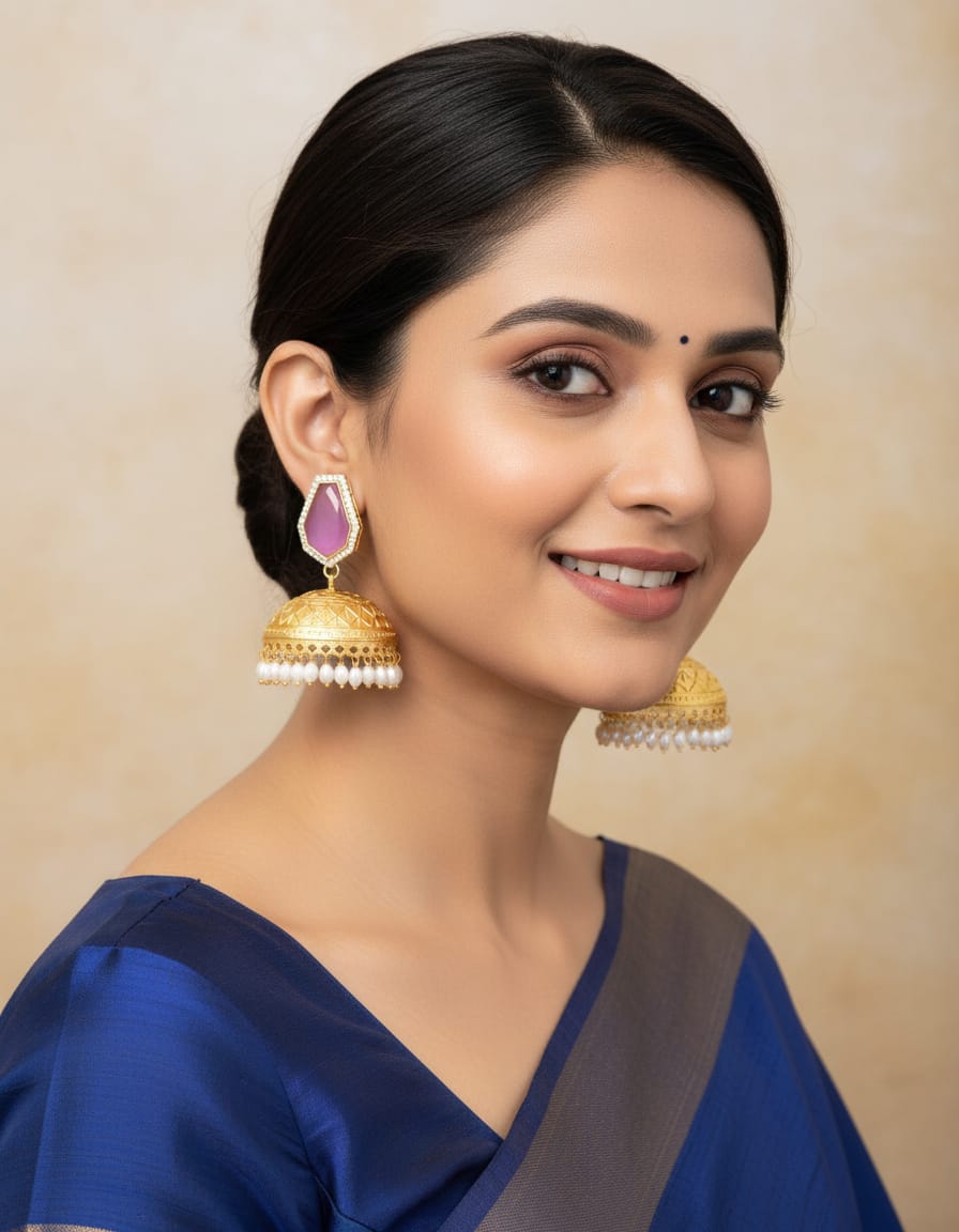 Traditional Jhumki Earrings with Pink Stone & Pearl Drops- Gold finish ethnic jewellery