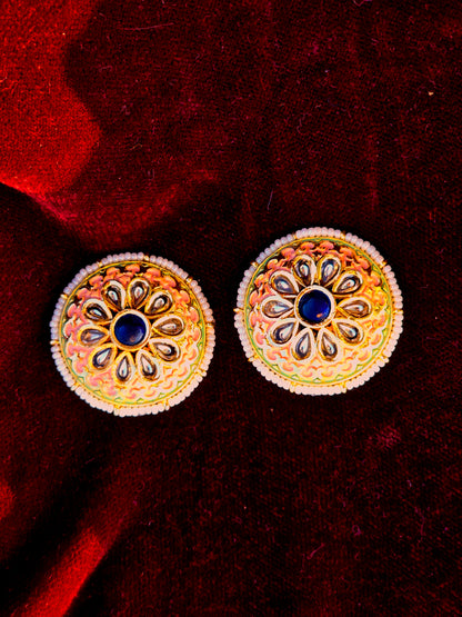 Gold Finish Round Kundan Stud Earrings with Blue Stone for Women | Traditional Ethnic Earrings – RavJyoti