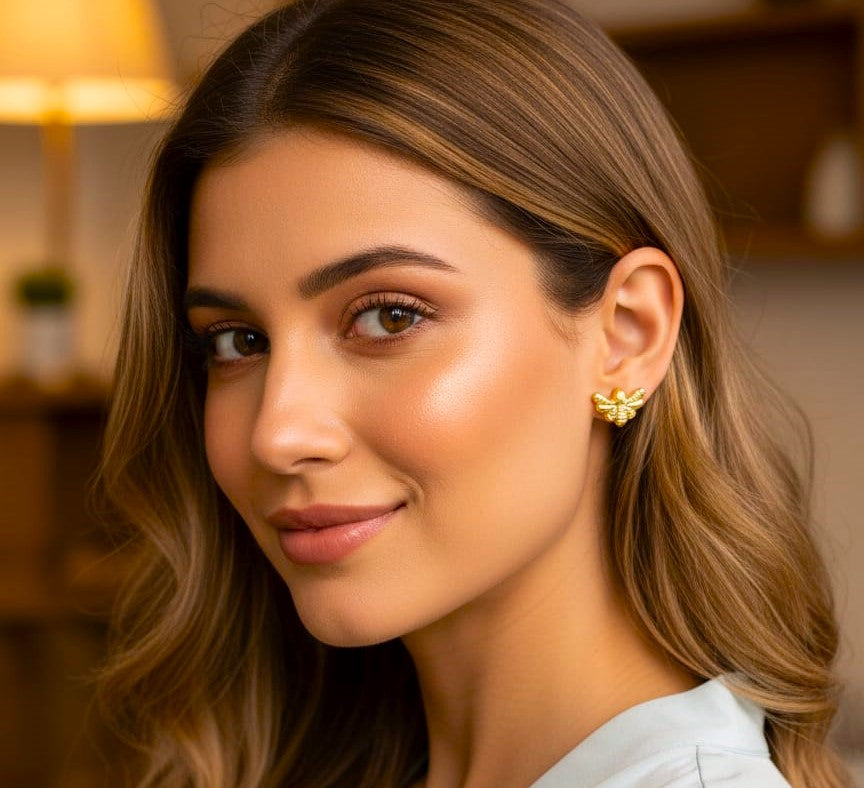 Minimal Gold Bee Stud Earrings for Women | Lightweight Brass Daily Wear Earrings