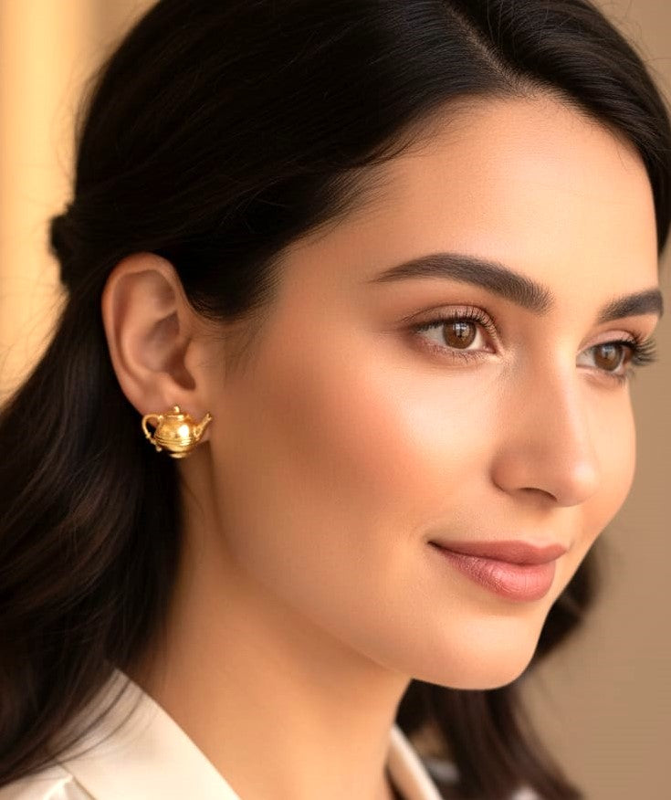 Minimal Gold Teapot Stud Earrings for Women | Lightweight Brass Daily Wear Earrings