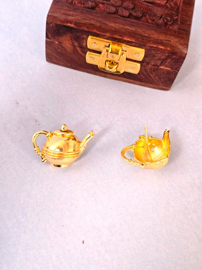 Minimal Gold Teapot Stud Earrings for Women | Lightweight Brass Daily Wear Earrings