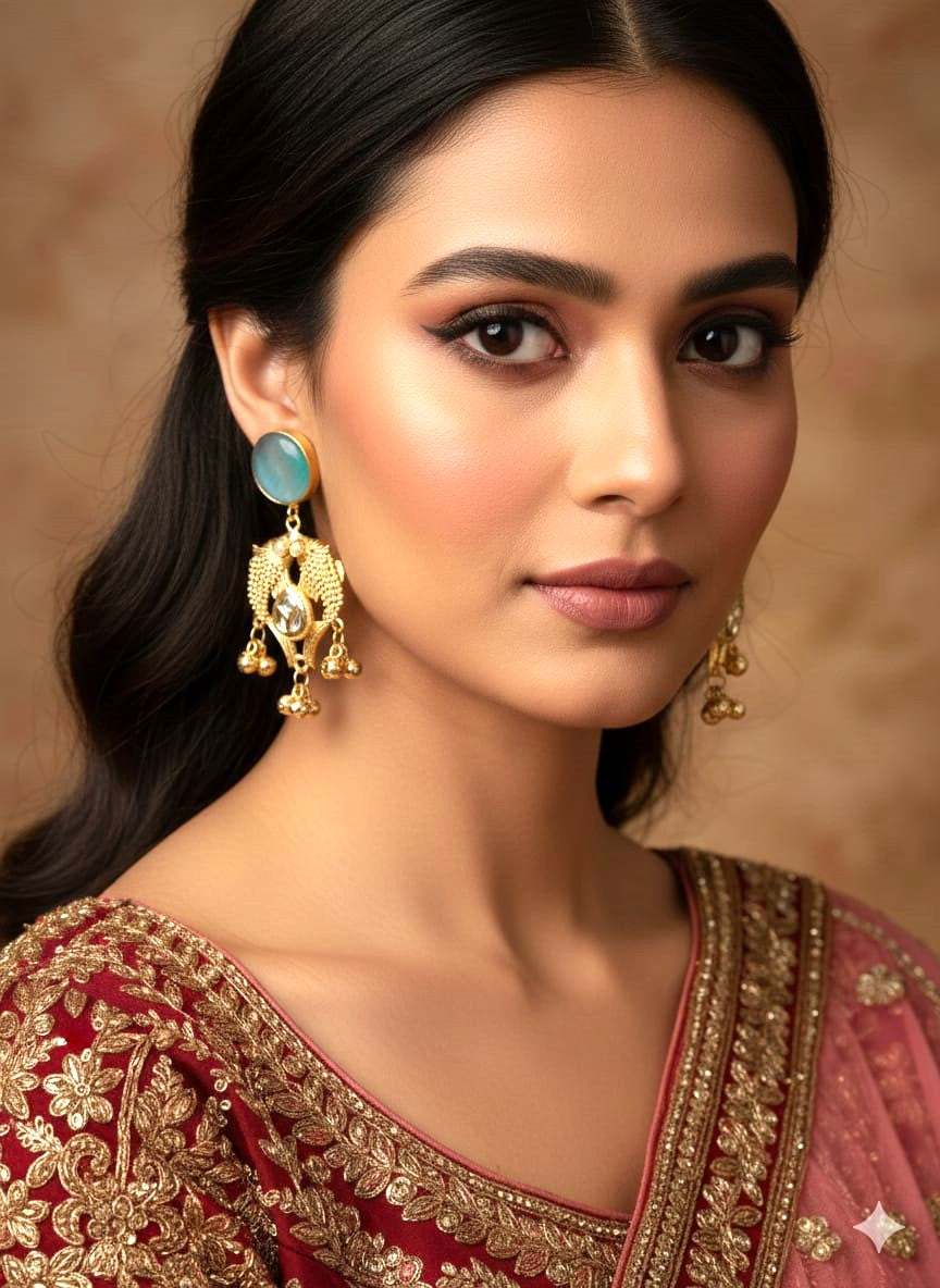 Mint Green Stone Gold-Plated Pearl Drop Earrings