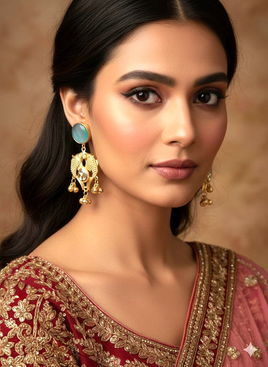 Mint Green Stone Gold-Plated Pearl Drop Earrings