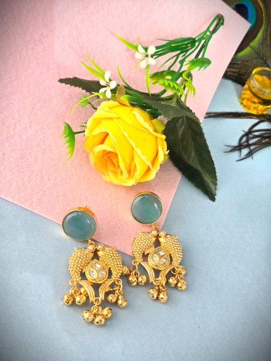 Mint Green Stone Gold-Plated Pearl Drop Earrings