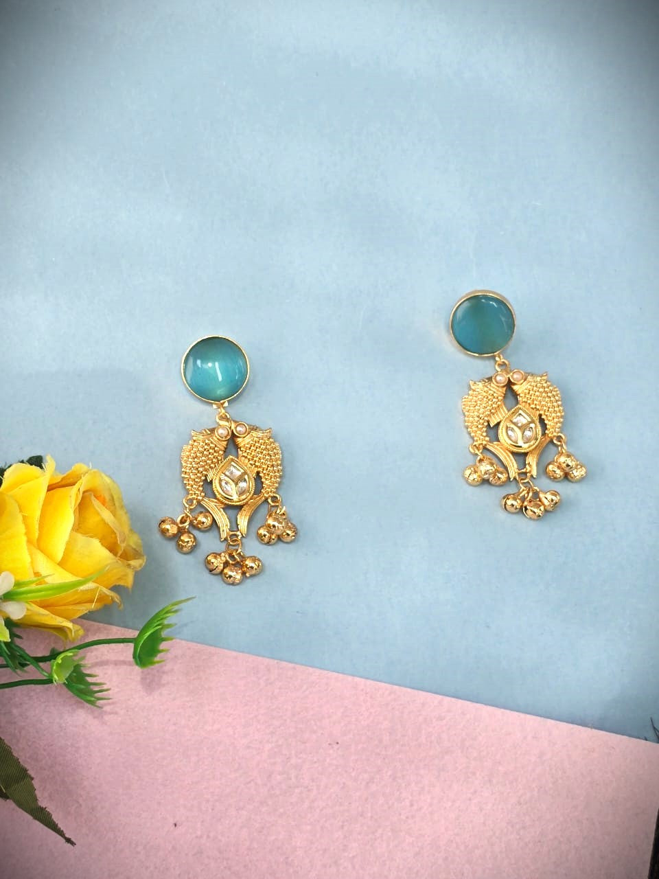 Mint Green Stone Gold-Plated Pearl Drop Earrings