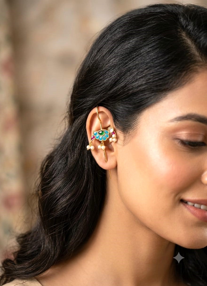 Multicolor Kundan Ear Cuffs with Blue, Pink & Green Stones