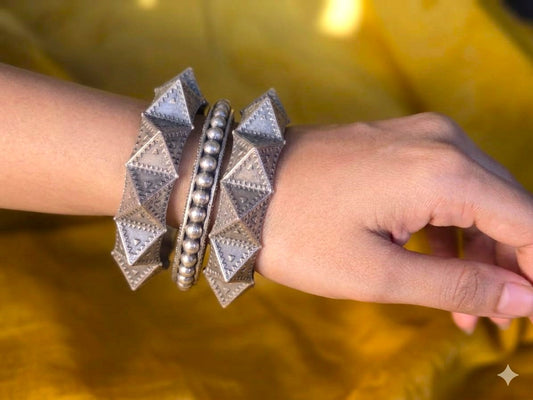 Oxidised Silver Replica Pyramid Bangle Stack for Women
