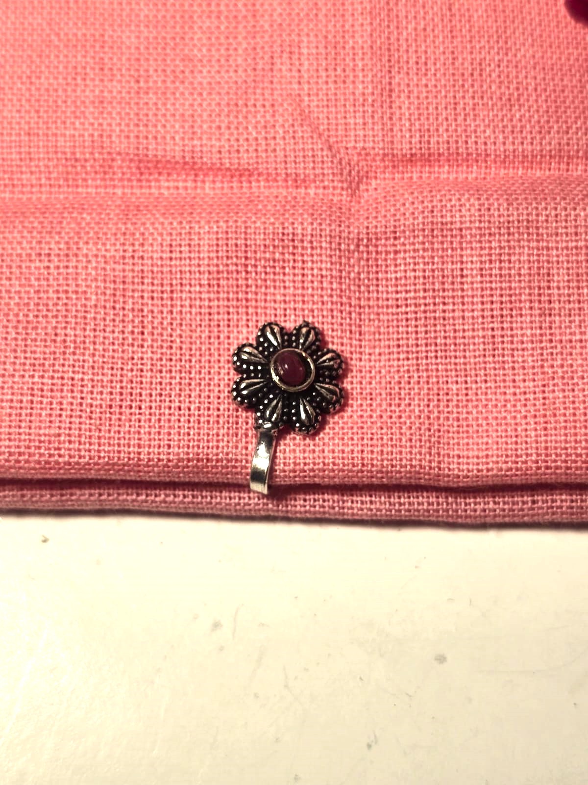 Oxidised Silver Flower Nose pin for Women