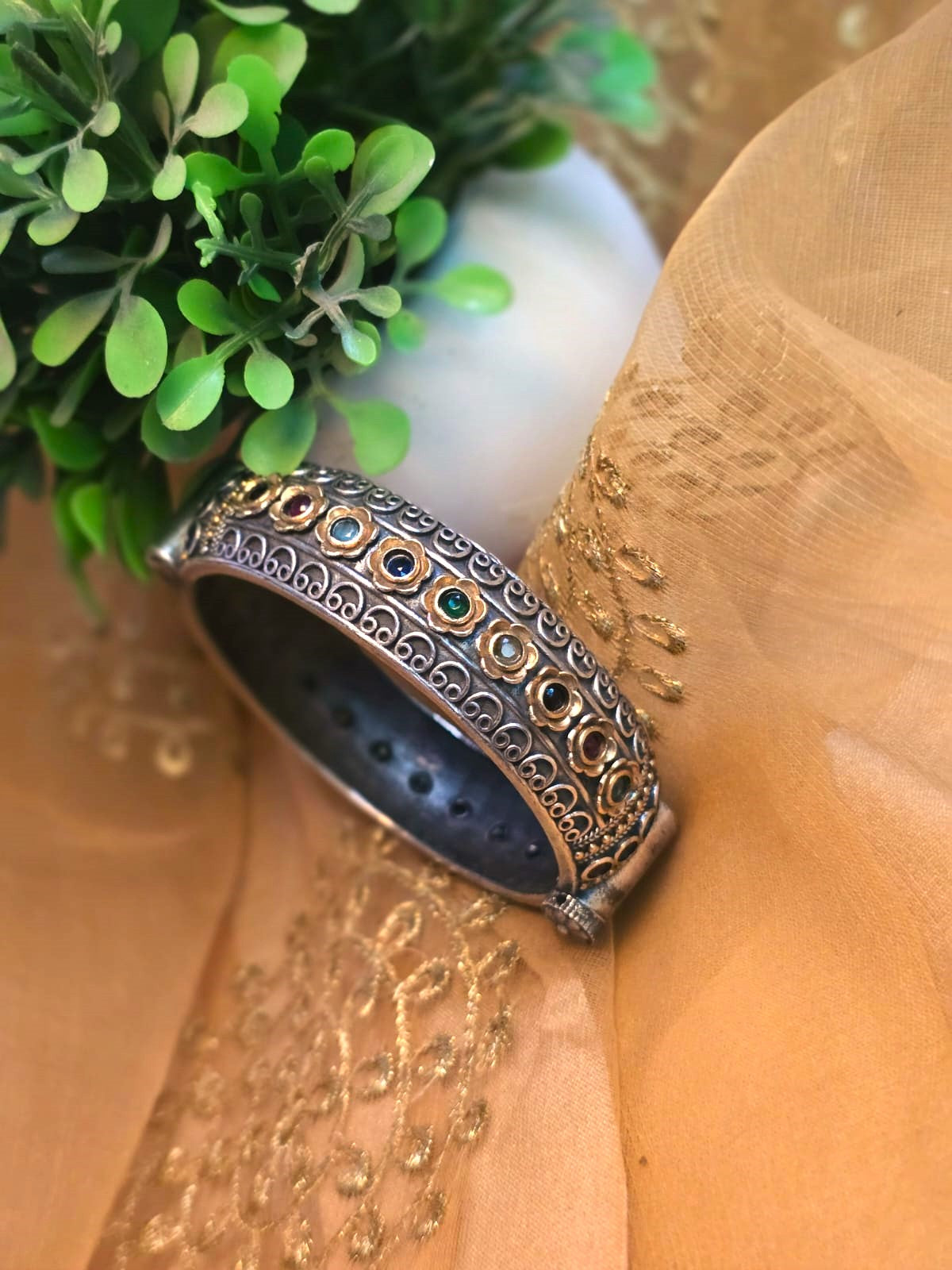 Oxidised Silver Multi-Stone Openable Kada Bangle ( single piece )