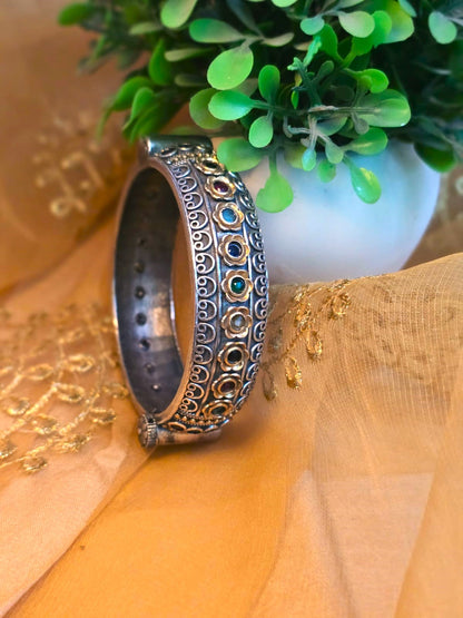 Oxidised Silver Multi-Stone Openable Kada Bangle ( single piece )