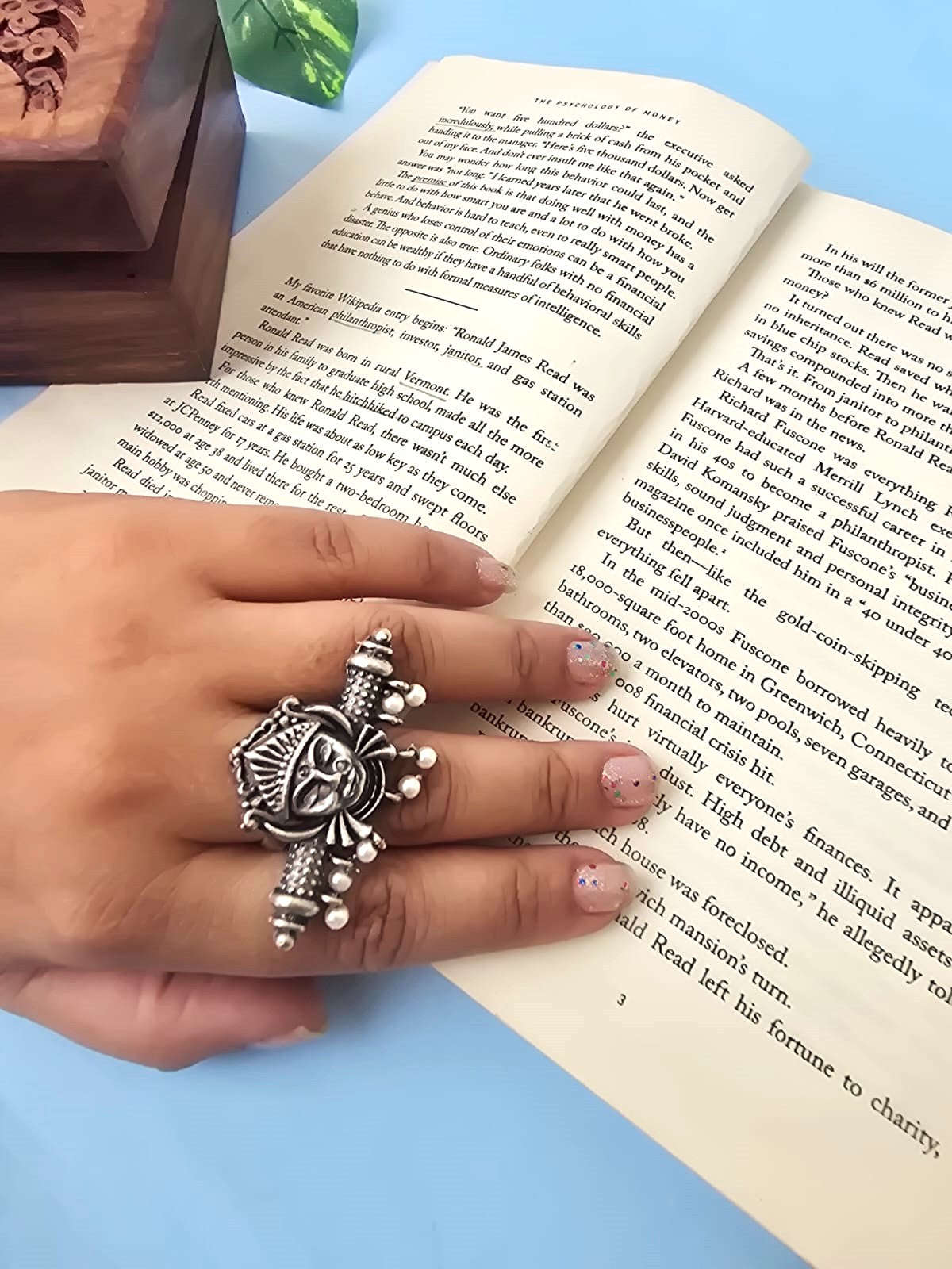 Oxidised Silver Replica Goddess Ring with Pearl Drops