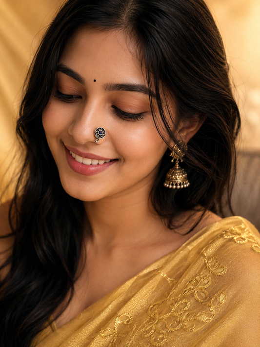 Oxidized Floral Blue Stone Clip-On Nose Pin for Women