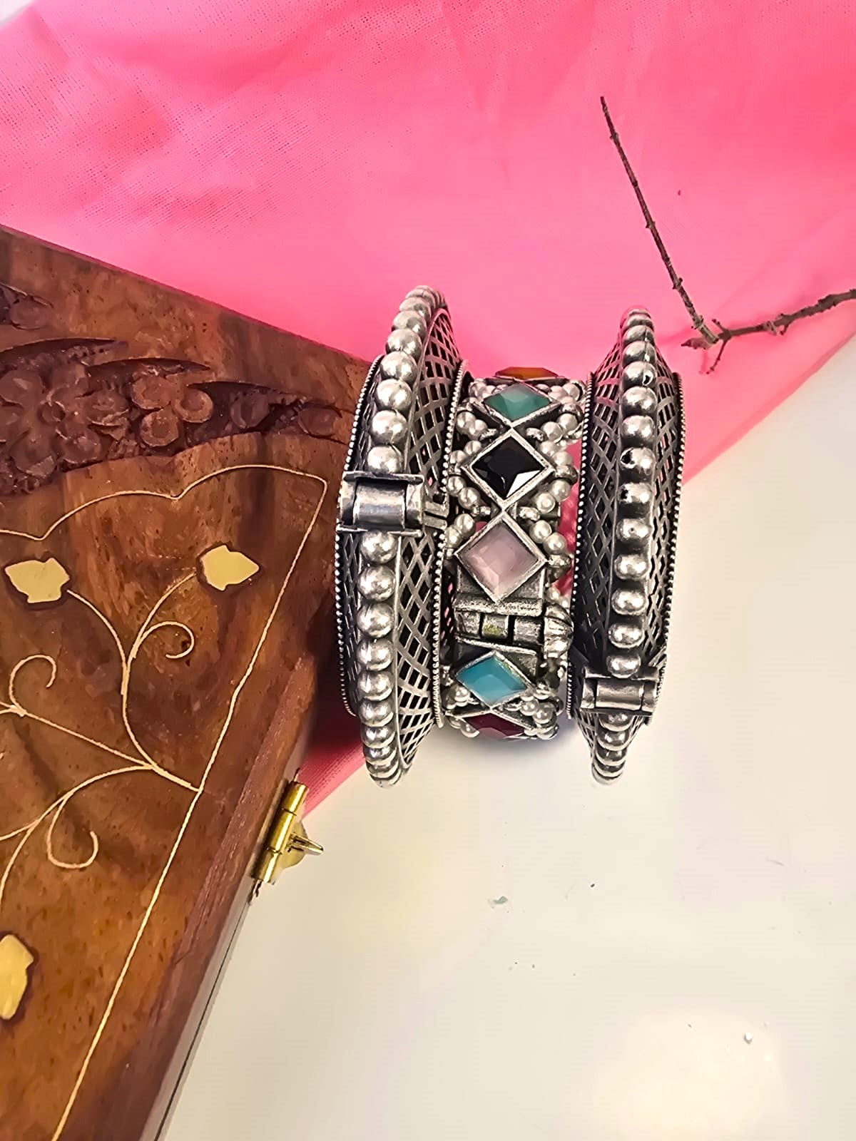 Oxidized Silver Replica Bangle Stack for Women