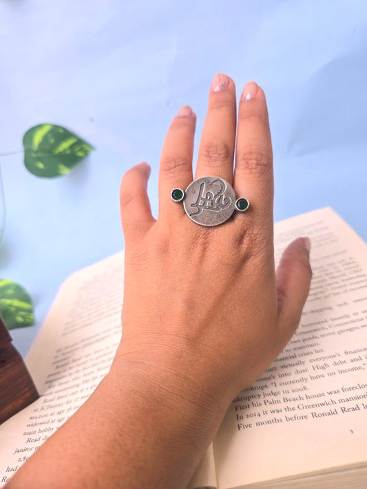 Oxidized Silver Karm Ring with Green Stone Accents