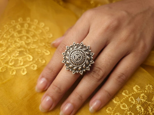 Oxidized Silver Sunflower Statement Ring