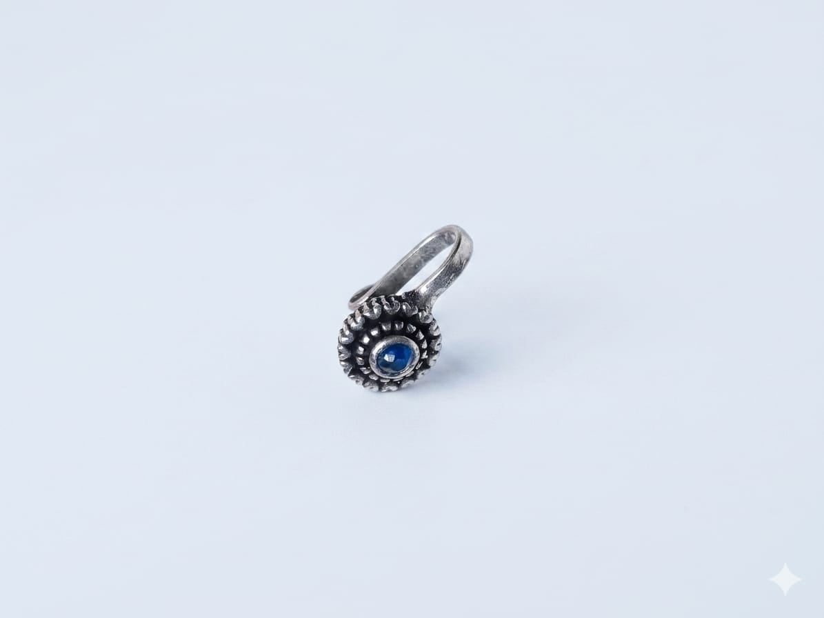 Oxidized Silver Adjustable Clip-On Nose Pin with Blue Stone