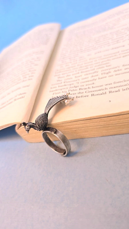 Oxidized Silver Peacock Ring for Women with Pearl Drops
