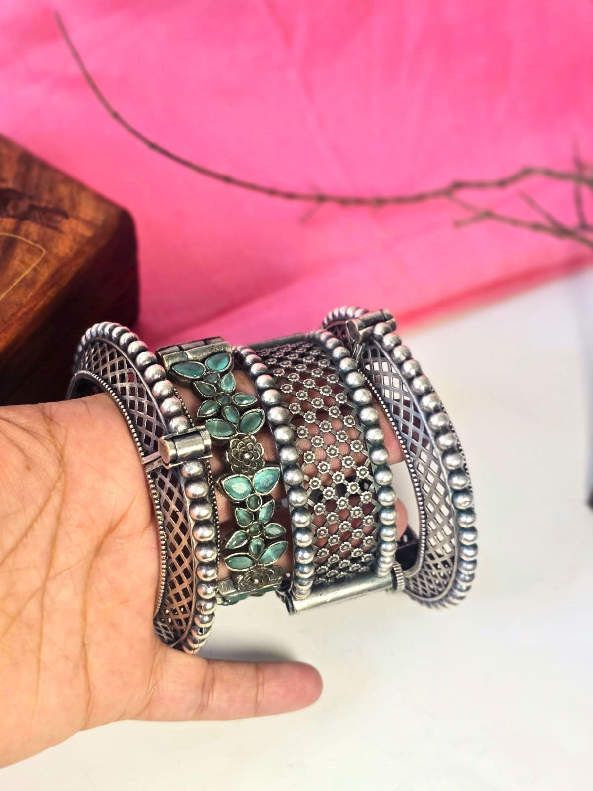 Oxidized Silver Replica Bangle Stack for Women