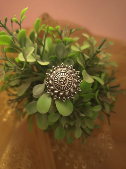 Oxidized Silver Sunflower Statement Ring