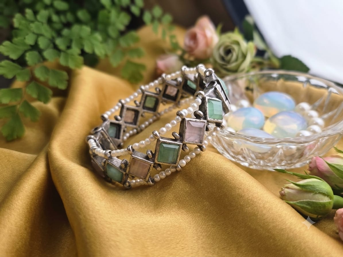 Pastel Stone Pearl Border Designer Bangle  (in pair)