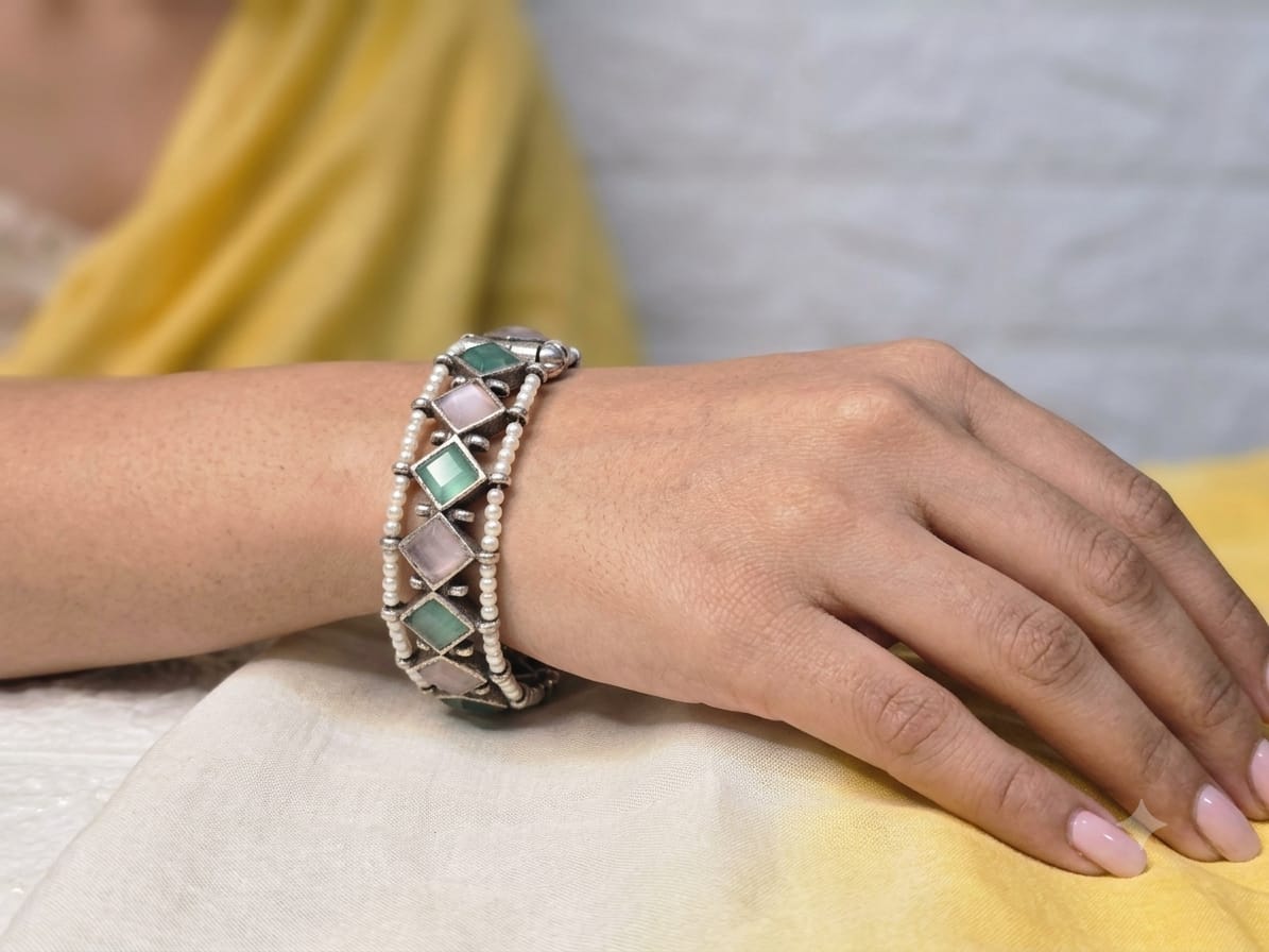 Pastel Stone Pearl Border Designer Bangle  (in pair)