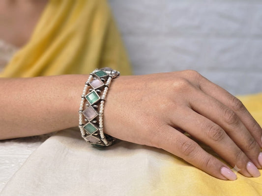 Pastel Stone Pearl Border Designer Bangle  (in pair)