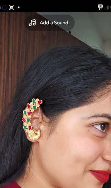 Peacock Design Multicolor Stone Ear Cuff Earrings | Antique Gold Brass Statement Earrings for Women