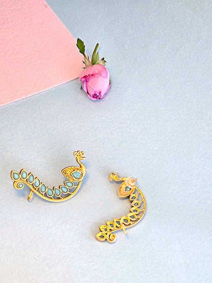 Peacock Design Blue Stone Brass Ear Cuffs- Traditional statement ear cuffs