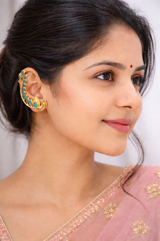 Peacock Design Blue Stone Brass Ear Cuffs