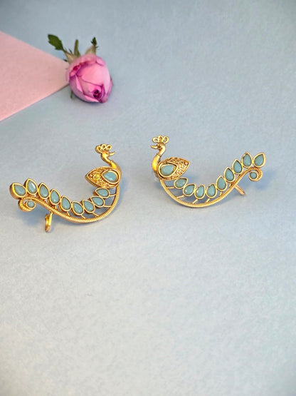 Peacock Design Blue Stone Brass Ear Cuffs- Traditional statement ear cuffs