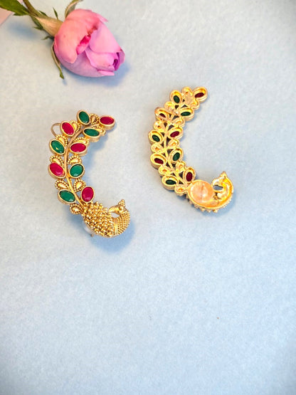 Peacock Design Multicolor Stone Ear Cuff Earrings | Antique Gold Brass Statement Earrings for Women