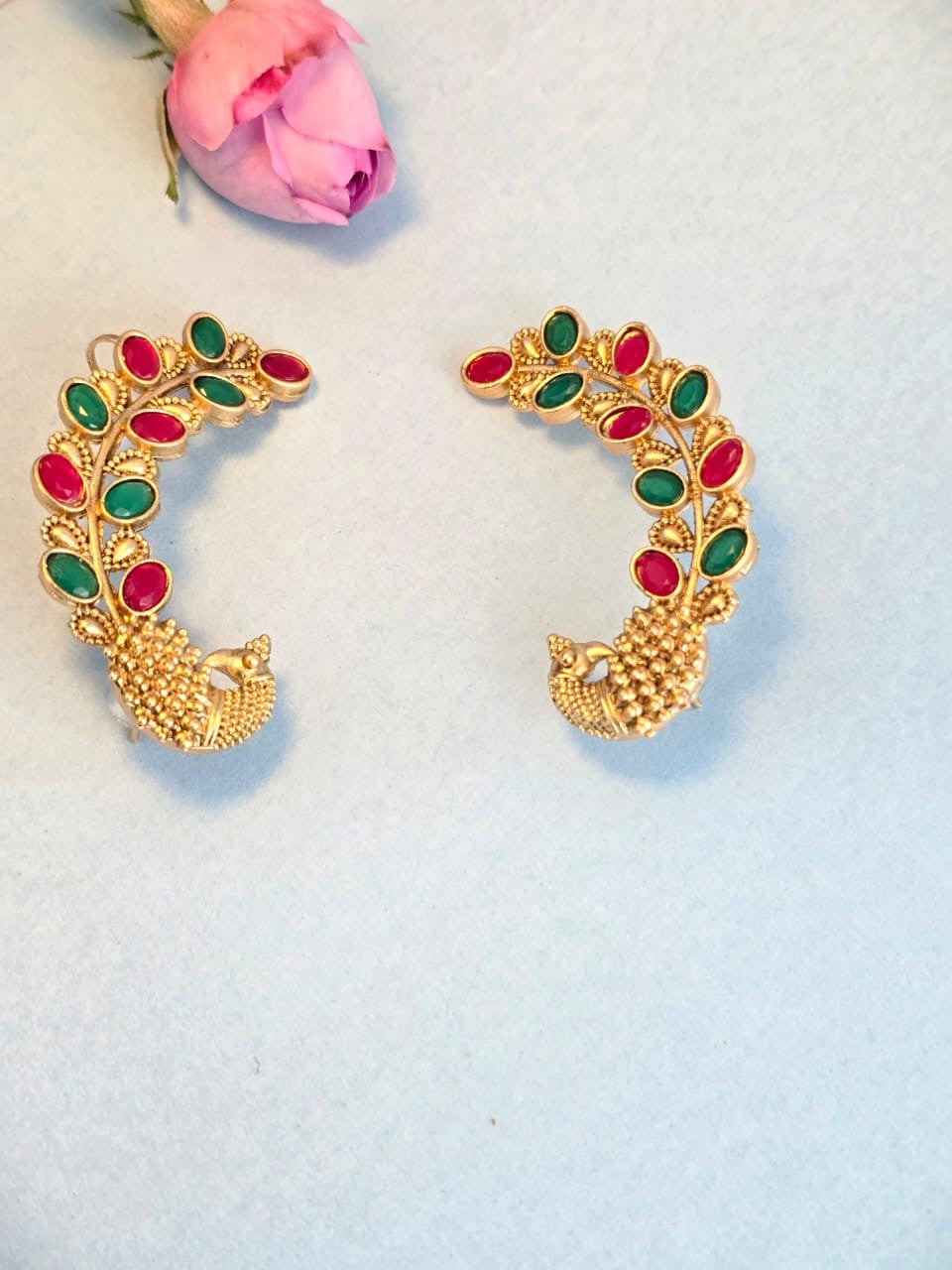 Peacock Design Multicolor Stone Ear Cuff Earrings | Antique Gold Brass Statement Earrings for Women