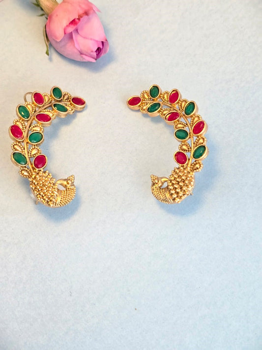 Peacock Design Multicolor Stone Ear Cuff Earrings | Antique Gold Brass Statement Earrings for Women