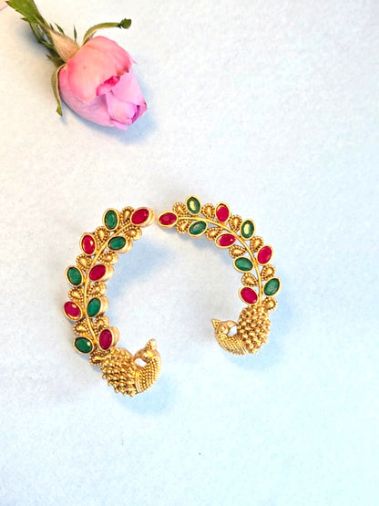 Peacock Design Multicolor Stone Ear Cuff Earrings | Antique Gold Brass Statement Earrings for Women