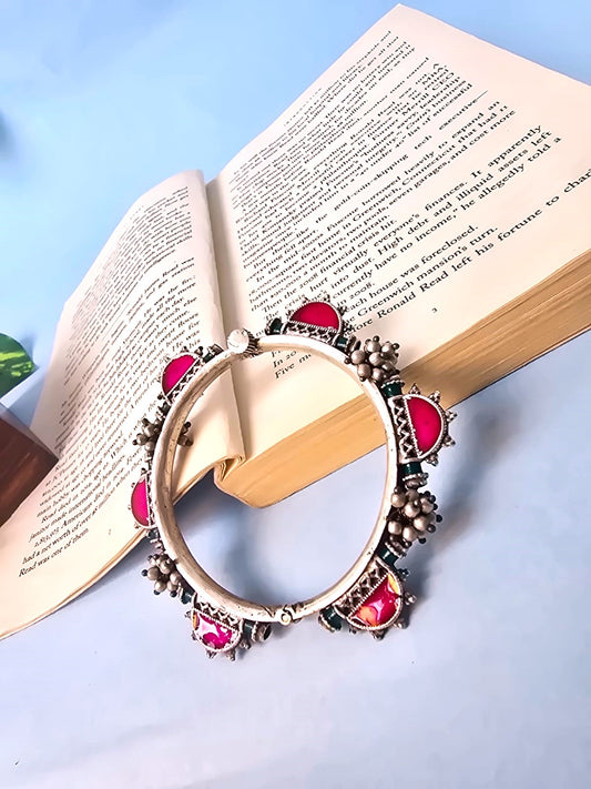 Pink Stone Silver Replica Kada Bangle in pair with Ghungroo Detailing - Ravjyoti
