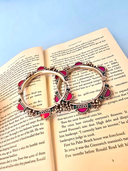 Pink Stone Silver Replica Kada Bangle in pair with Ghungroo Detailing - Ravjyoti