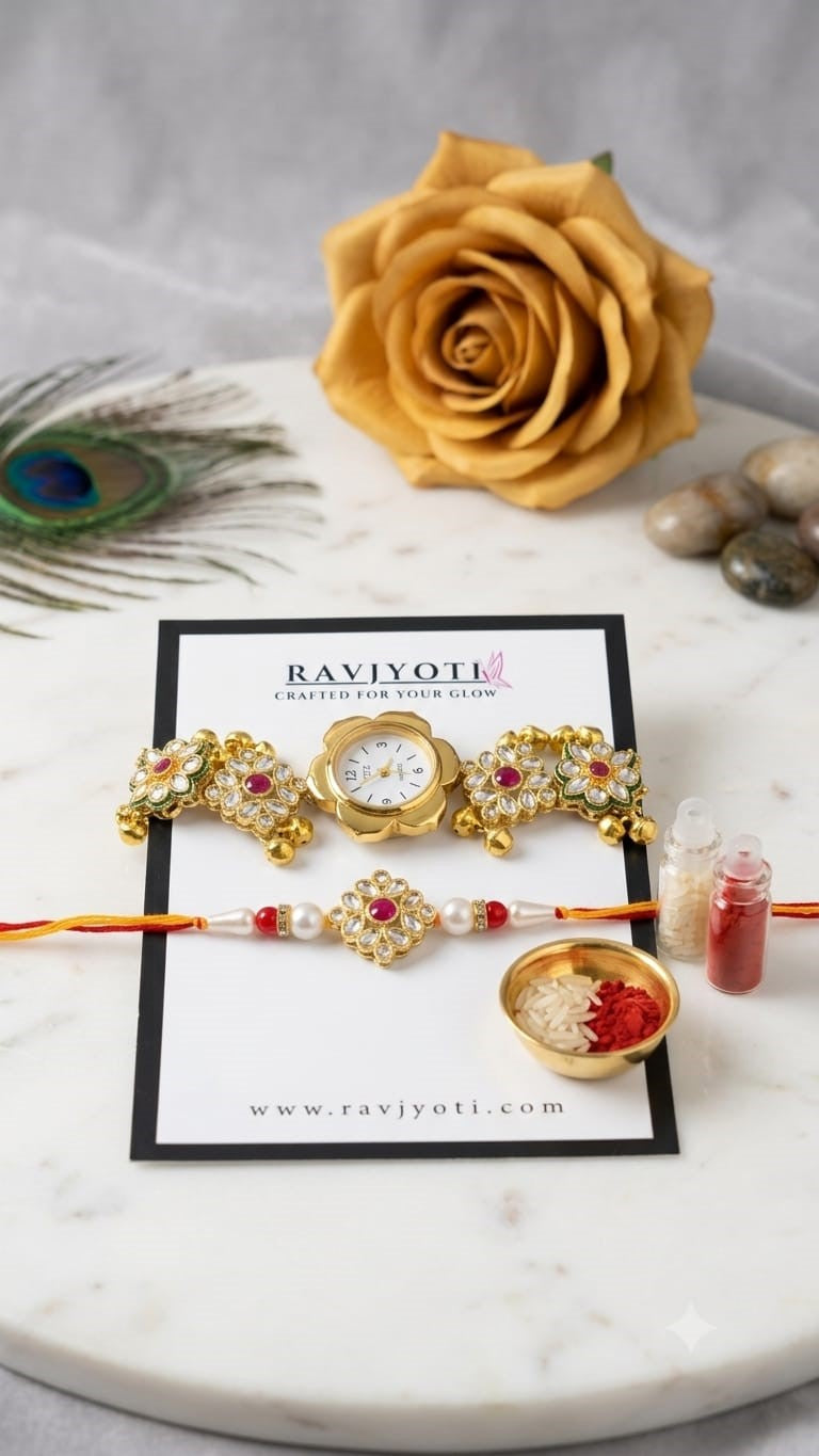 Premium Floral Kundan Watch Rakhi Combo Set