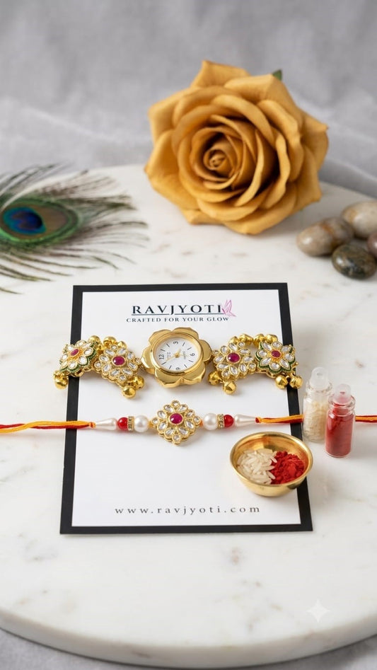 Premium Floral Kundan Watch Rakhi Combo Set