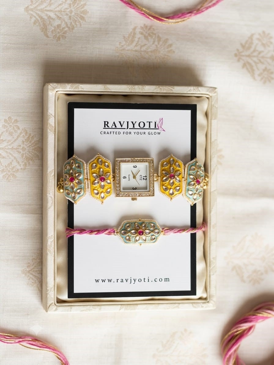 Premium Heritage Kundan Watch Rakhi Combo