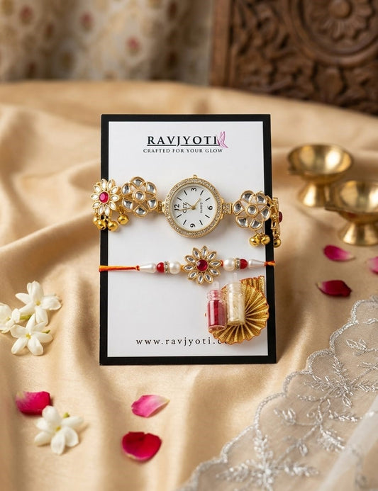 Premium Kundan Floral Watch Rakhi Combo