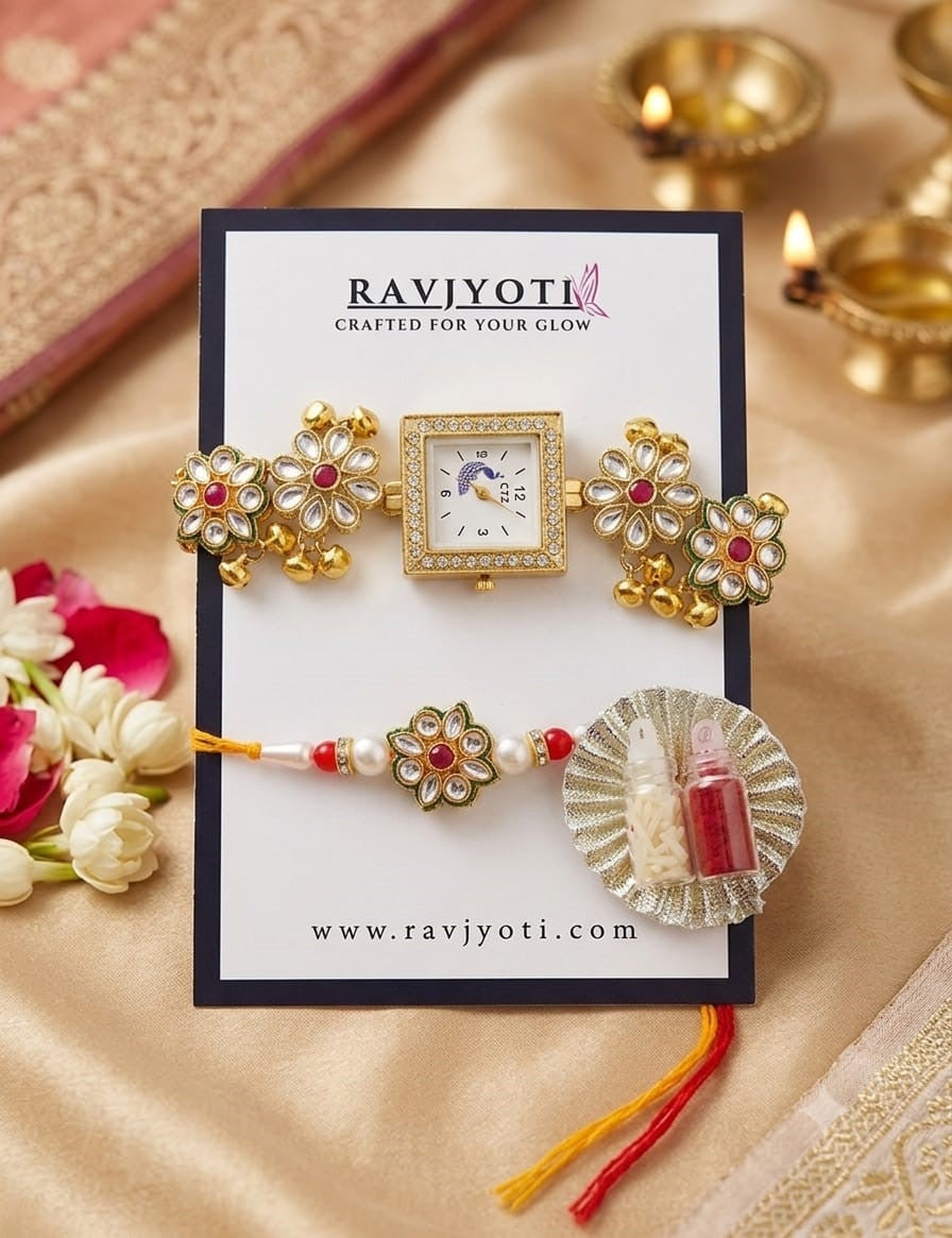 Premium Square Dial Kundan Watch Rakhi Combo Set