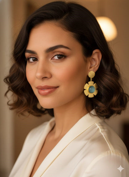 RavJyoti Gold-Toned Floral Drop Earrings with Aqua Stone | Elegant Party & Festive Wear Earrings