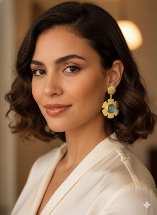 RavJyoti Gold-Toned Floral Drop Earrings with Aqua Stone | Elegant Party & Festive Wear Earrings