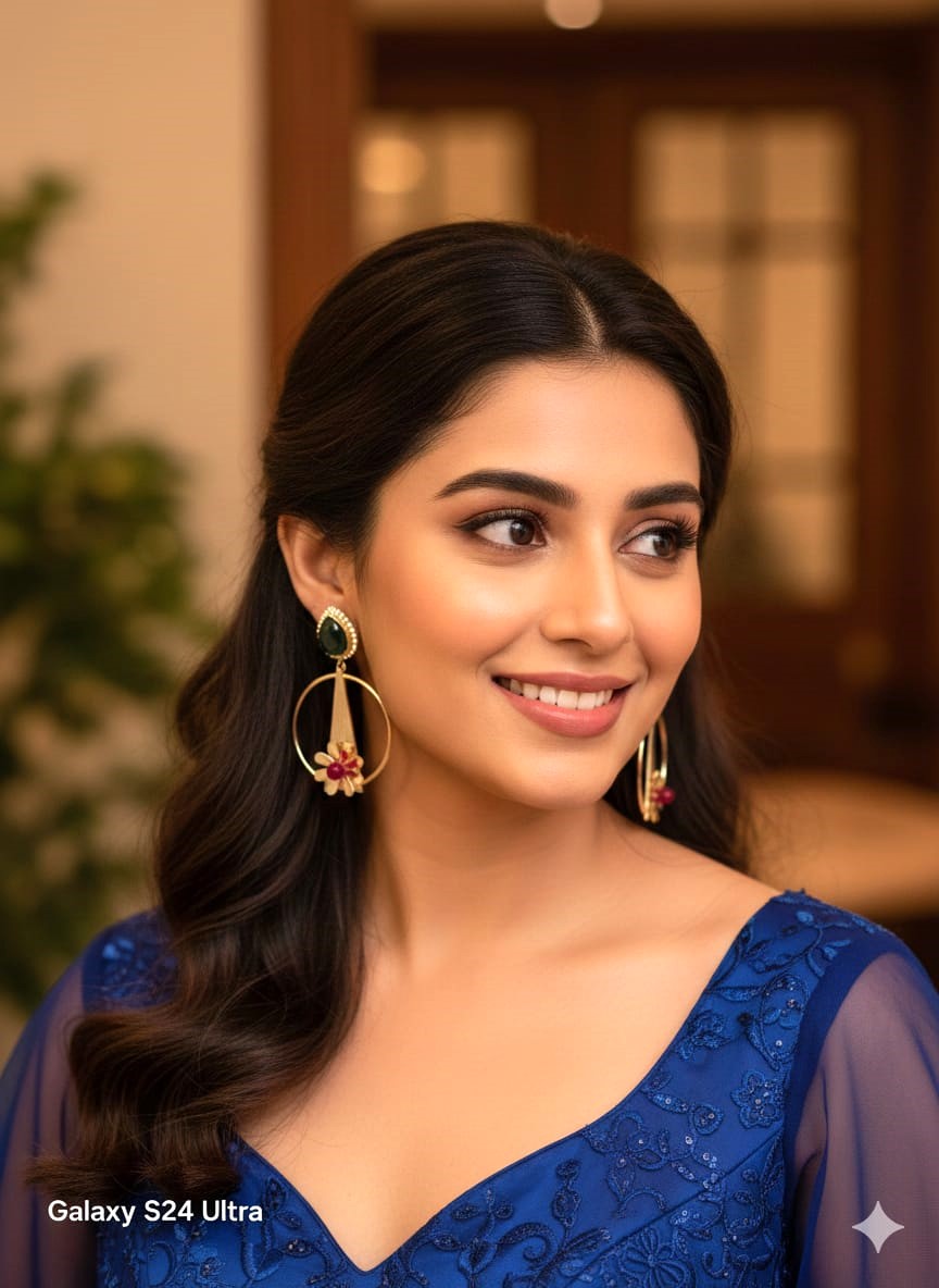 RavJyoti Gold-Toned Floral Hoop Earrings with Green Stone | Elegant Festive & Party Wear Earrings