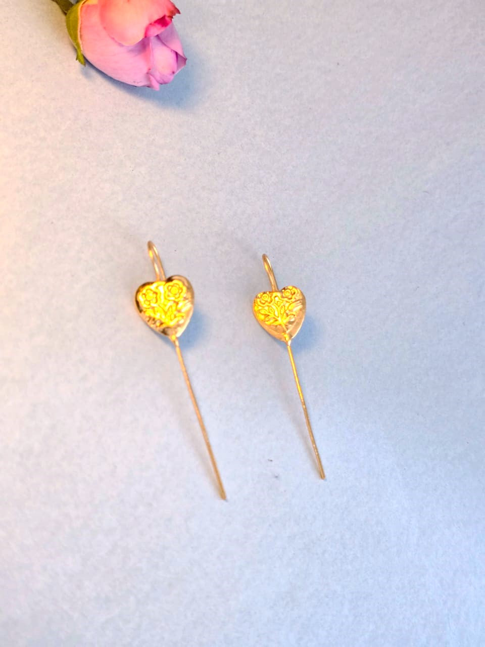 Gold-Toned Heart Motif Threader Earrings - Minimal Floral Long Earrings for Daily Wear