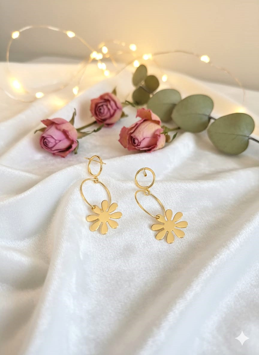 RavJyoti Gold-Toned Floral Drop Earrings | Minimal Everyday & Office Wear Earrings for Women