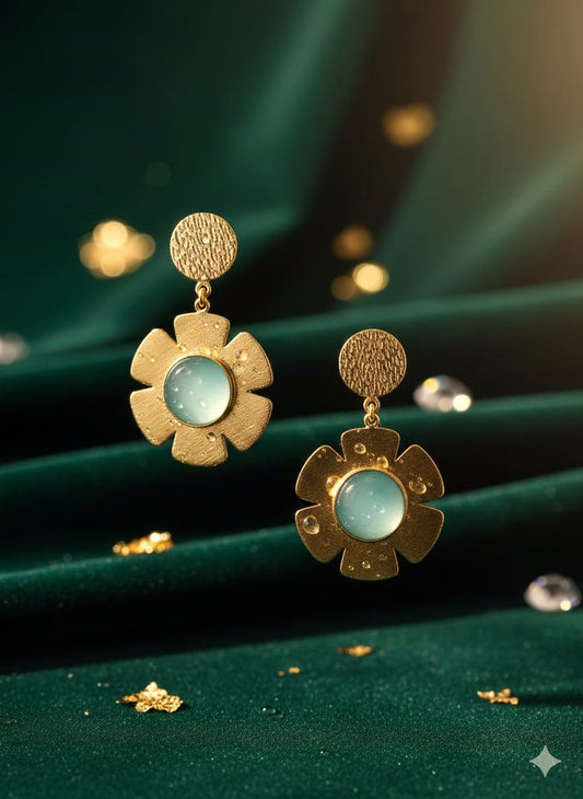 RavJyoti Gold-Toned Floral Drop Earrings with Aqua Stone | Elegant Party & Festive Wear Earrings