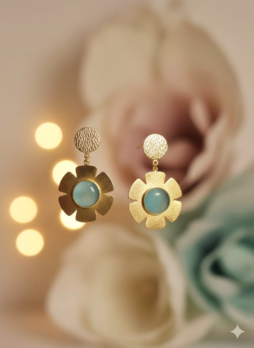 RavJyoti Gold-Toned Floral Drop Earrings with Aqua Stone | Elegant Party & Festive Wear Earrings
