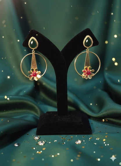 RavJyoti Gold-Toned Floral Hoop Earrings with Green Stone | Elegant Festive & Party Wear Earrings
